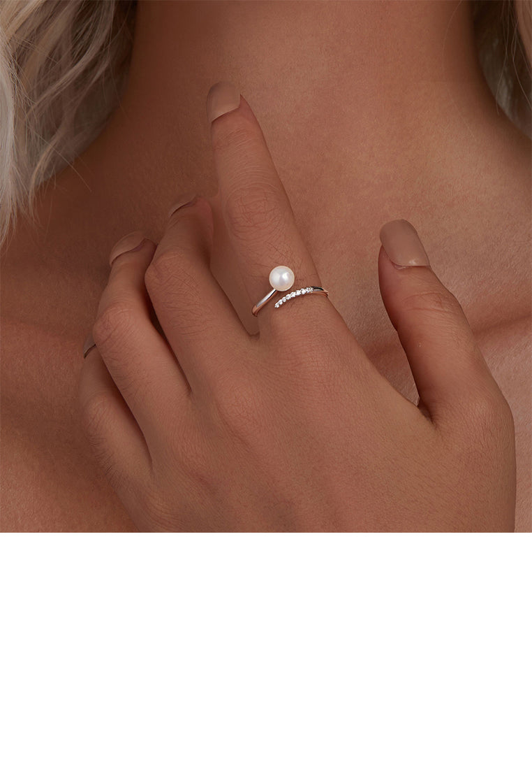 925 Sterling Silver Fashion And Elegant Geometric Imitation Pearl Adjustable Open Ring With Cubic Zirconia - Luxurious Look