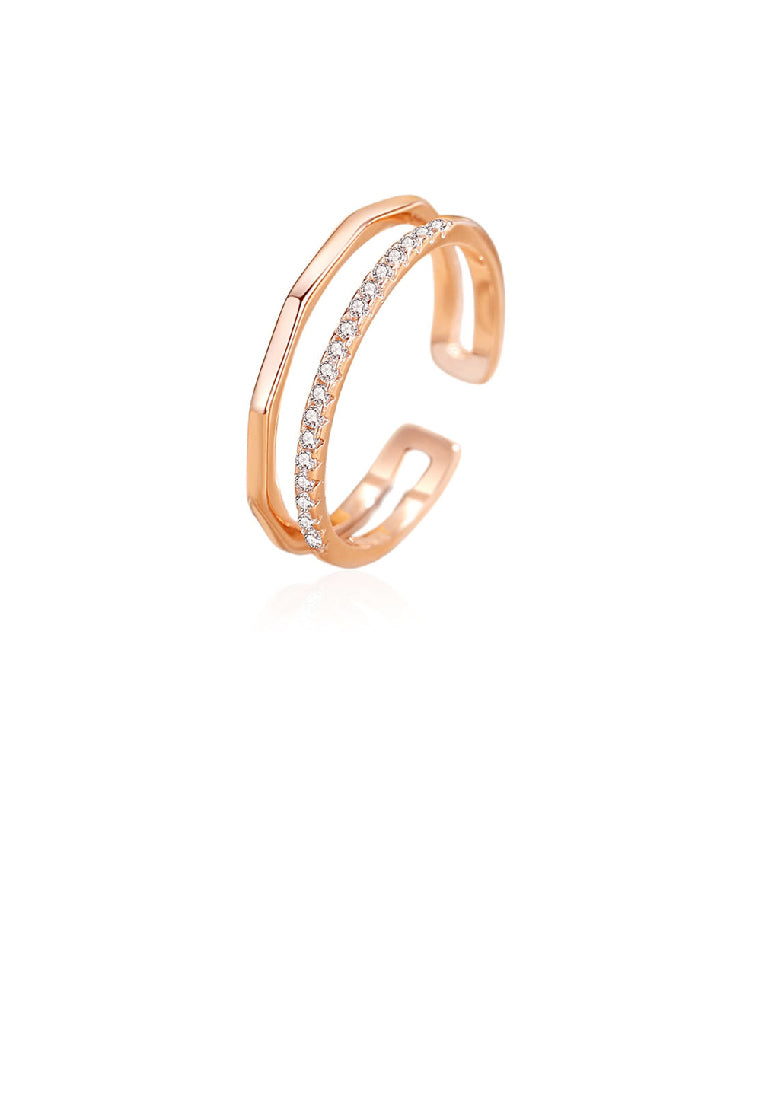 925 Sterling Silver Plated Rose Gold Simple Personality Double-layer Geometric Adjustable Open Ring with Cubic Zirconia - Luxurious Look