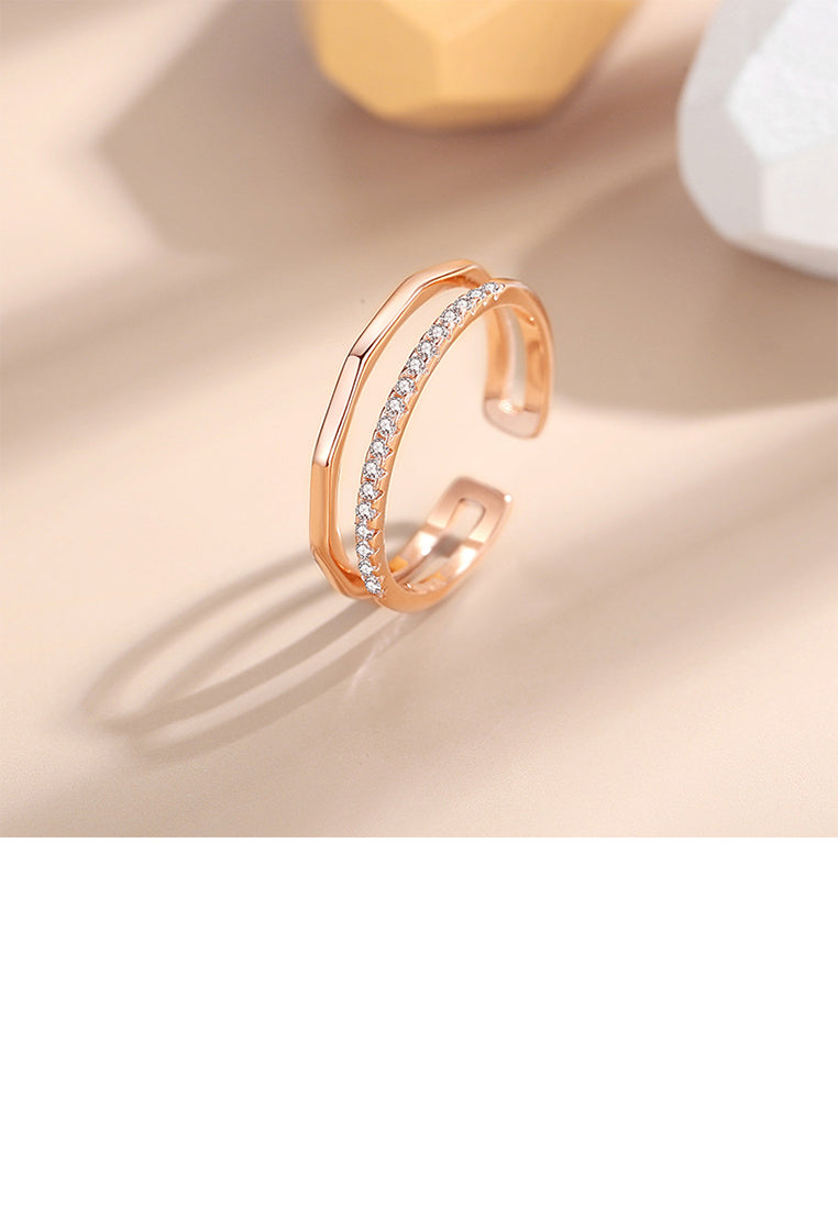 925 Sterling Silver Plated Rose Gold Simple Personality Double-layer Geometric Adjustable Open Ring with Cubic Zirconia - Luxurious Look