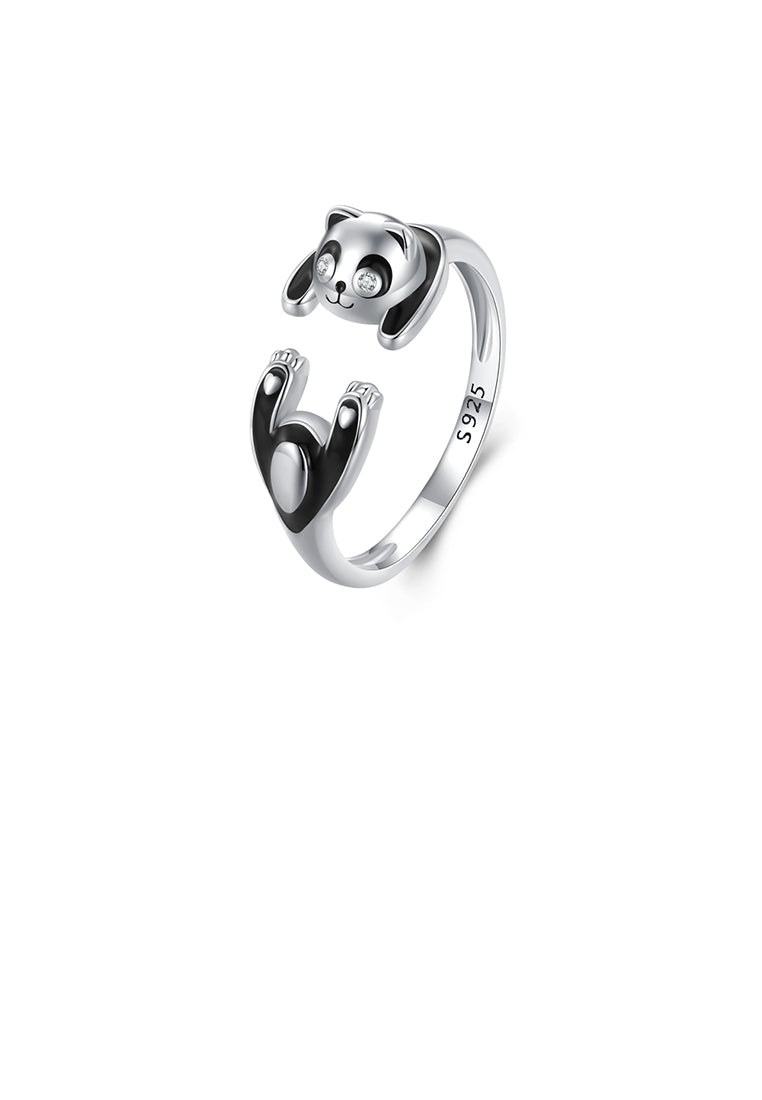 925 Sterling Silver Fashion Cute Enamel Panda Adjustable Opening Ring with Cubic Zirconia - Luxurious Look
