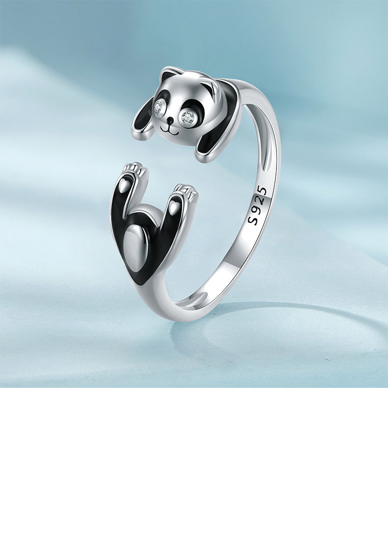 925 Sterling Silver Fashion Cute Enamel Panda Adjustable Opening Ring with Cubic Zirconia - Luxurious Look