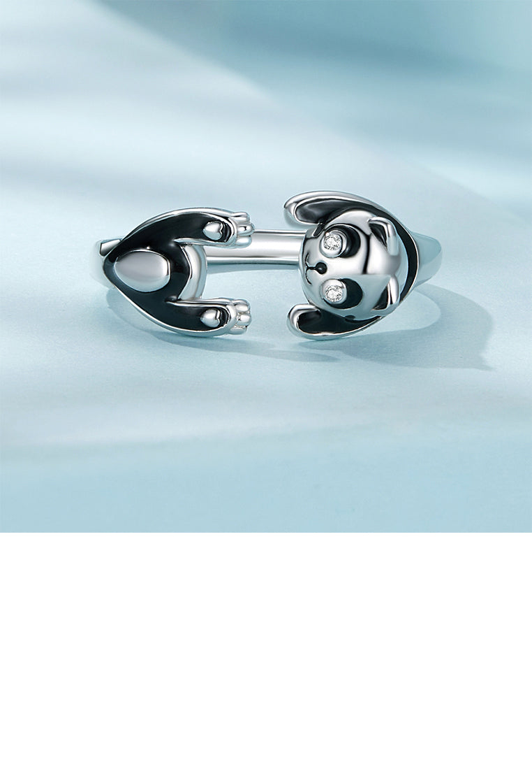 925 Sterling Silver Fashion Cute Enamel Panda Adjustable Opening Ring with Cubic Zirconia - Luxurious Look