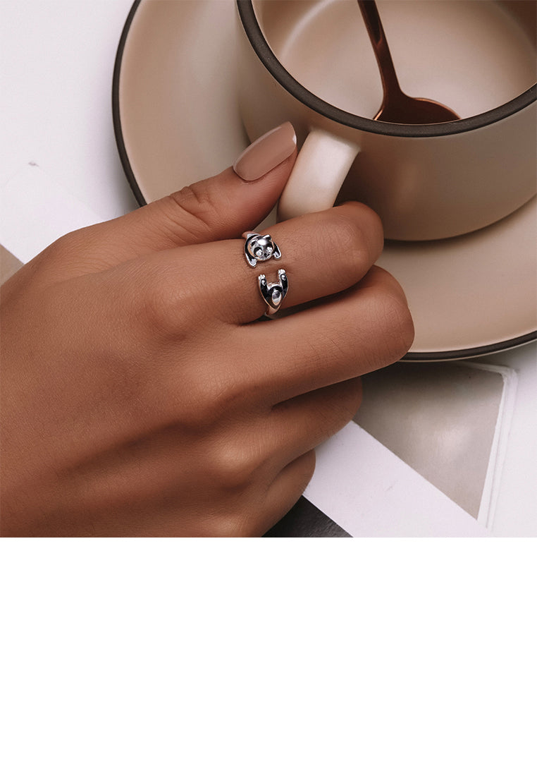 925 Sterling Silver Fashion Cute Enamel Panda Adjustable Opening Ring with Cubic Zirconia - Luxurious Look