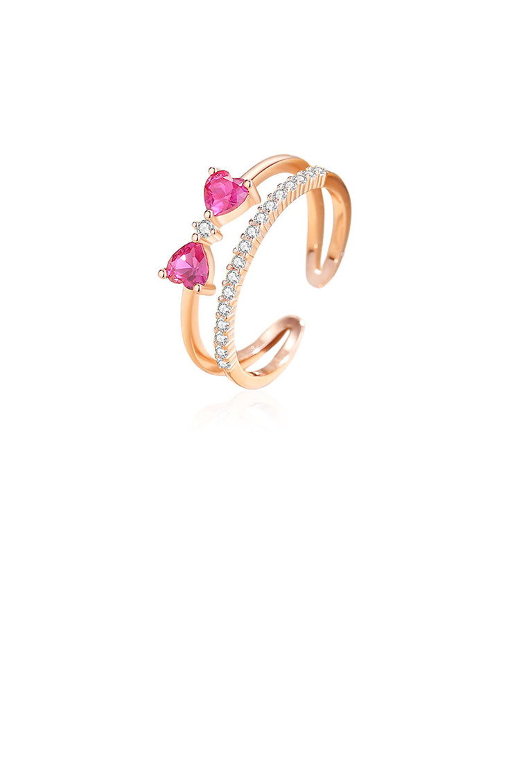 925 Sterling Silver Plated Rose Gold Simple Sweet Ribbon Double Layer Geometric Adjustable Open Ring with Cubic Zirconia - Luxurious Look
