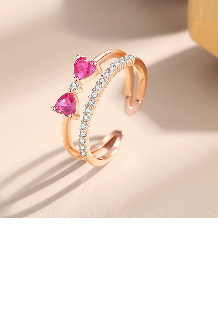 925 Sterling Silver Plated Rose Gold Simple Sweet Ribbon Double Layer Geometric Adjustable Open Ring with Cubic Zirconia - Luxurious Look