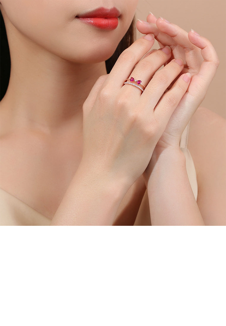 925 Sterling Silver Plated Rose Gold Simple Sweet Ribbon Double Layer Geometric Adjustable Open Ring with Cubic Zirconia - Luxurious Look
