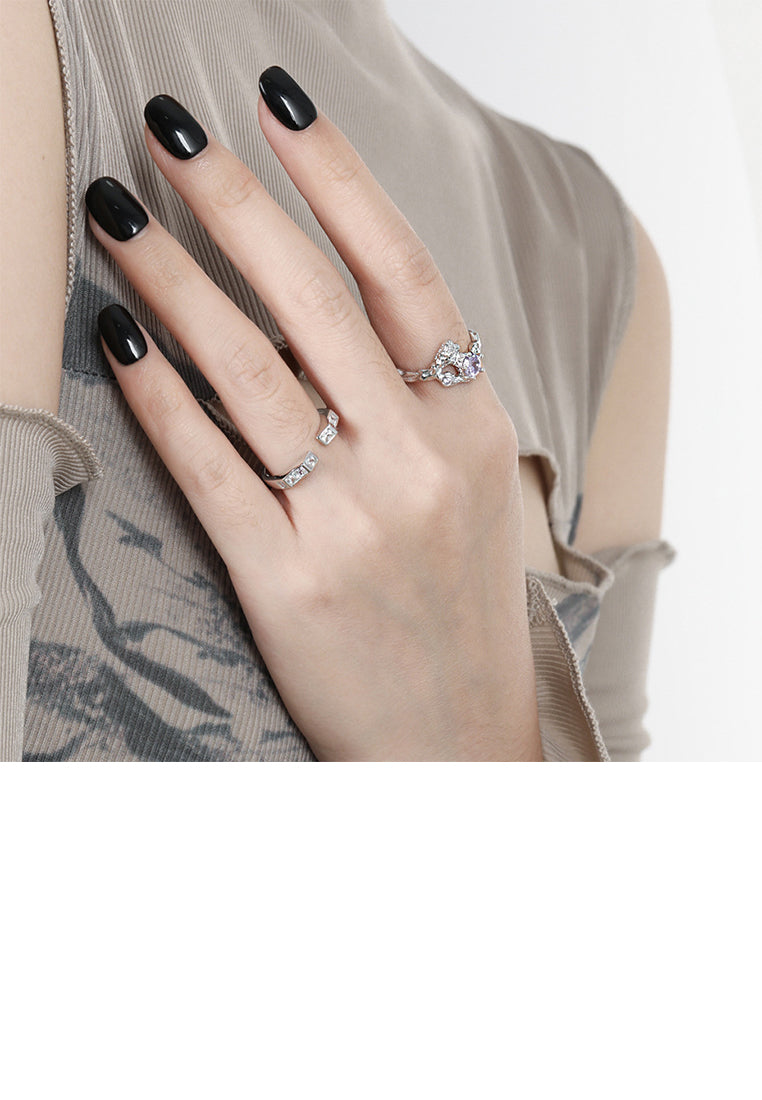 925 Sterling Silver Fashion Personality Irregular Texture Geometric Adjustable Open Ring with Cubic Zirconia - Luxurious Look