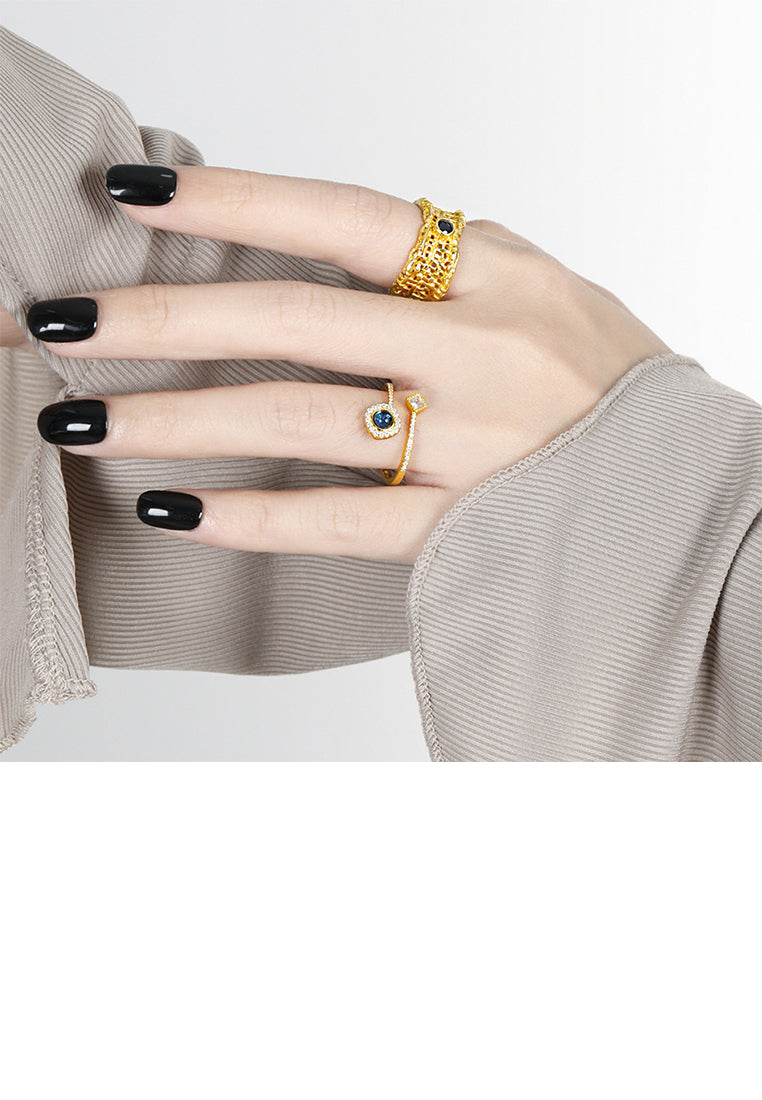 925 Sterling Silver Plated Gold Fashion and Personalized Geometric Rhombus Adjustable Open Ring with Cubic Zirconia - Luxurious Look