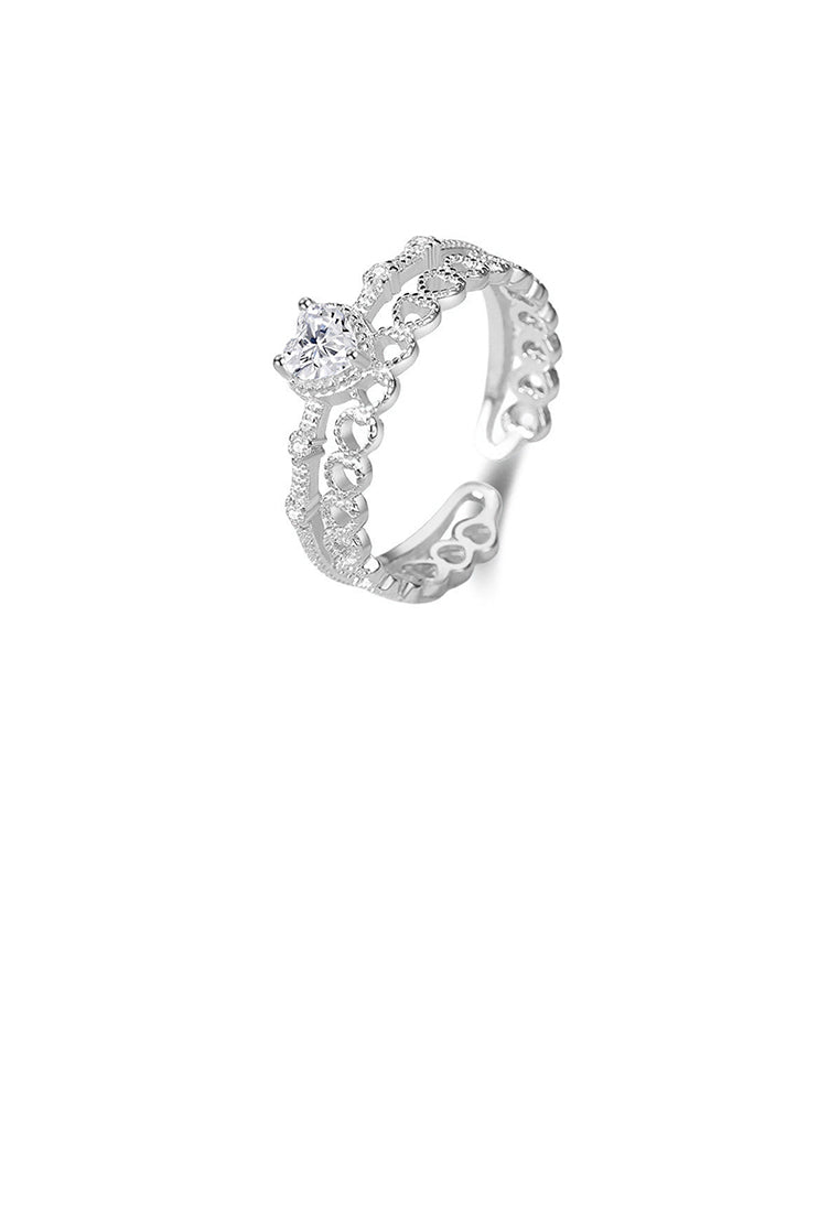 925 Sterling Silver Fashion Hollow Heart-shaped Double-layer Adjustable Open Ring with Cubic Zirconia - Luxurious Look