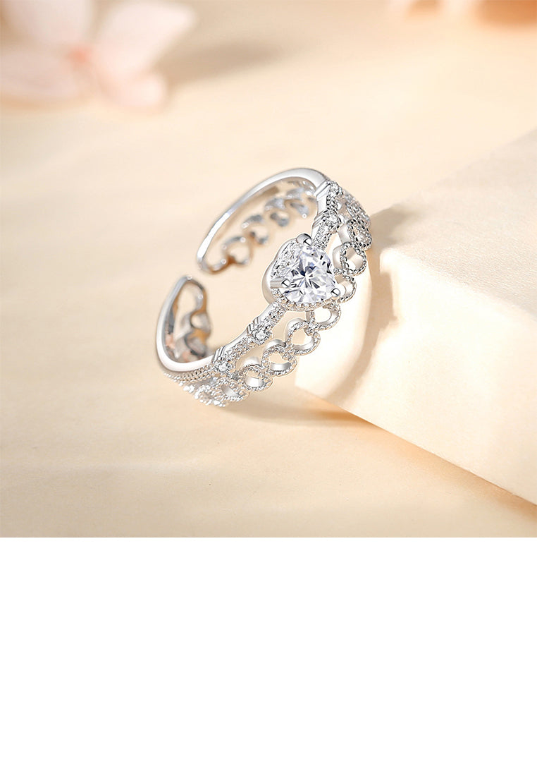 925 Sterling Silver Fashion Hollow Heart-shaped Double-layer Adjustable Open Ring with Cubic Zirconia - Luxurious Look