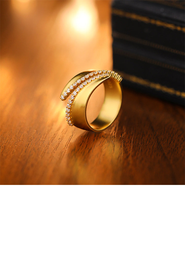 925 Sterling Silver Plated Gold Fashion Personality Irregular Geometric Adjustable Open Ring with Cubic Zirconia - Luxurious Look