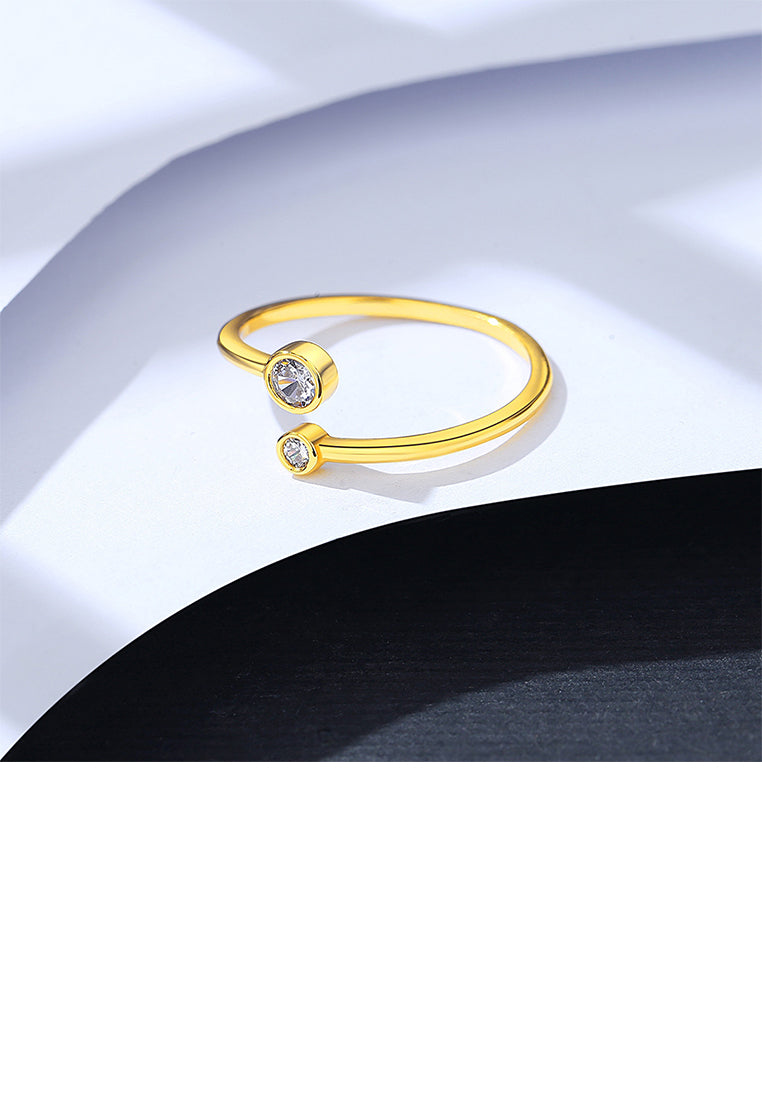 925 Sterling Silver Plated Gold Simple Fashion Geometric Round Adjustable Open Ring with Cubic Zirconia - Luxurious Look
