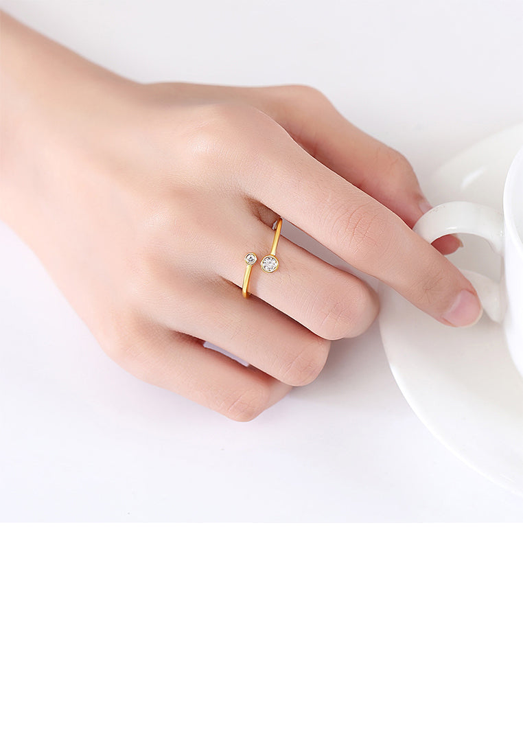 925 Sterling Silver Plated Gold Simple Fashion Geometric Round Adjustable Open Ring with Cubic Zirconia - Luxurious Look
