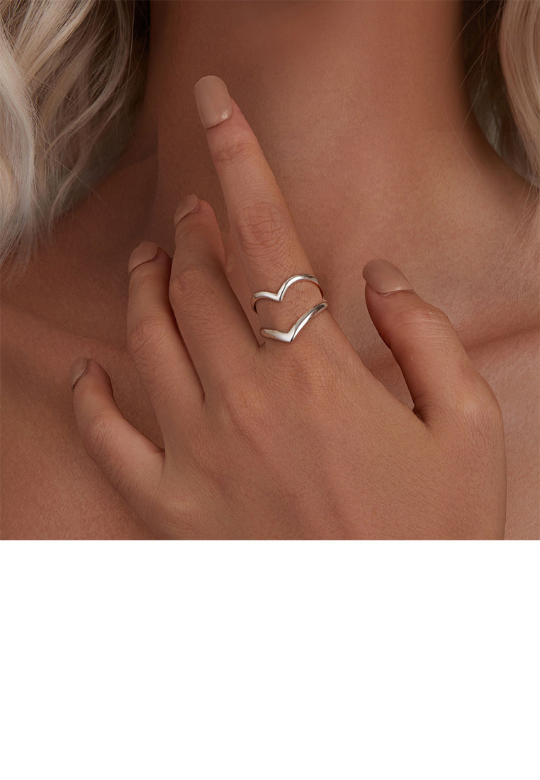 925 Sterling Silver Simple and Personalized Double-layer Heart-shaped Adjustable Open Ring