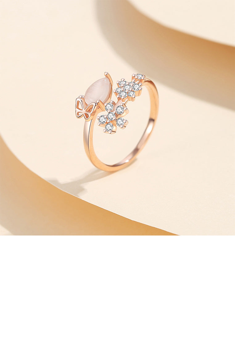 925 Sterling Silver Plated Rose Gold Fashion Simple Flower Adjustable Open Ring with Cubic Zirconia - Luxurious Look