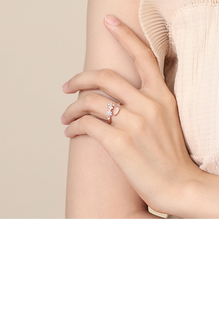 925 Sterling Silver Plated Rose Gold Fashion Simple Flower Adjustable Open Ring with Cubic Zirconia - Luxurious Look