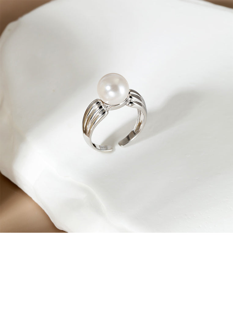925 Sterling Silver Simple Elegant Geometric Imitation Pearl Adjustable Open Ring - Luxurious Look