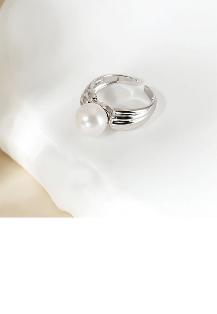 925 Sterling Silver Simple Elegant Geometric Imitation Pearl Adjustable Open Ring - Luxurious Look