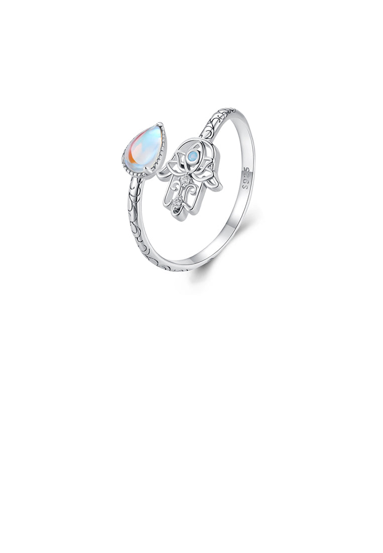 925 Sterling Silver Fashion Hand Of Fatima Moonstone Adjustable Open Ring with Cubic Zirconia - Luxurious Look