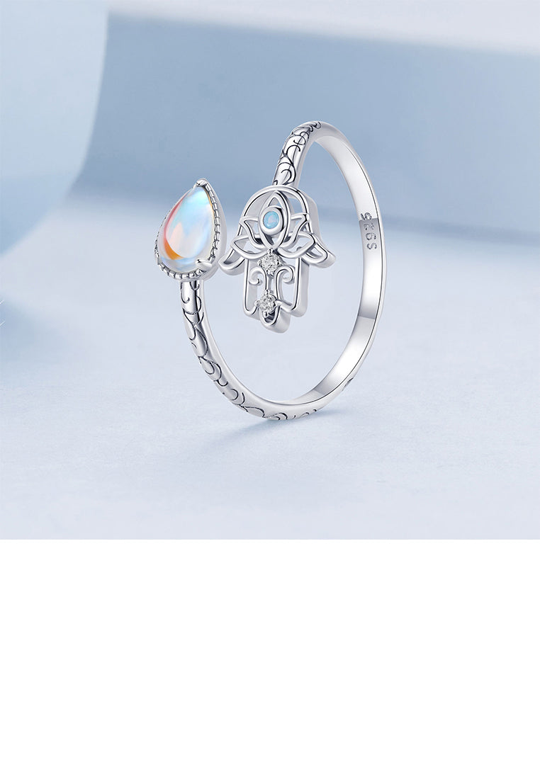 925 Sterling Silver Fashion Hand Of Fatima Moonstone Adjustable Open Ring with Cubic Zirconia - Luxurious Look