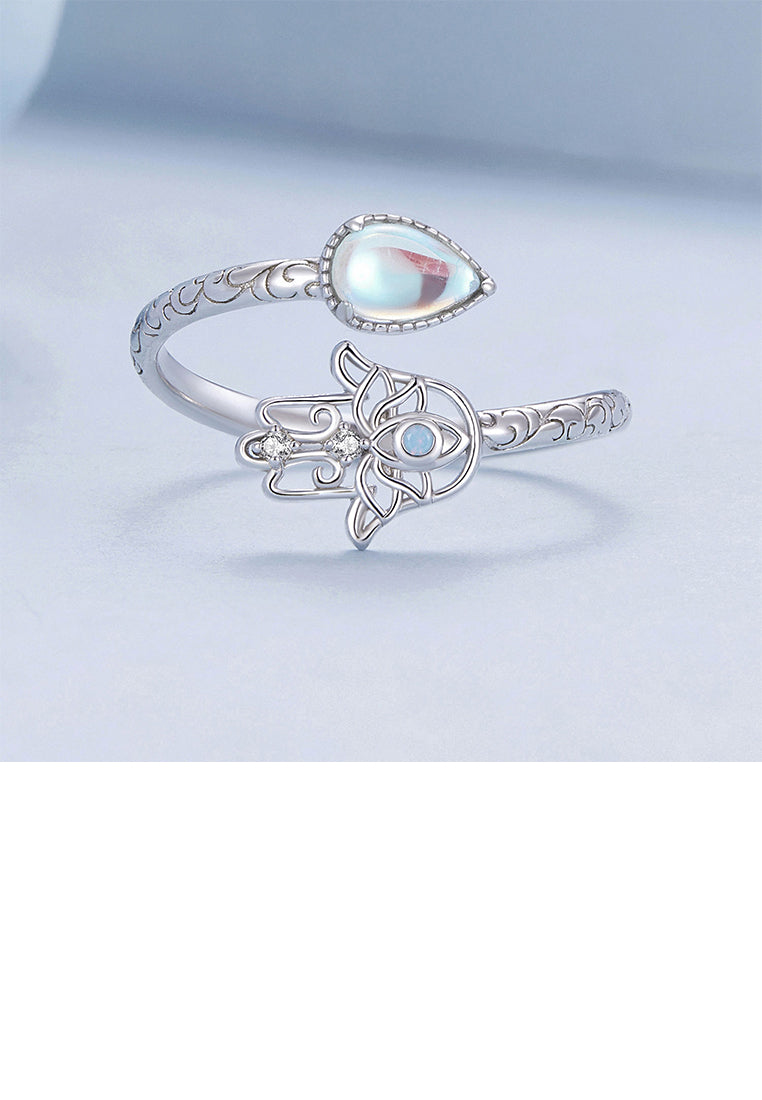 925 Sterling Silver Fashion Hand Of Fatima Moonstone Adjustable Open Ring with Cubic Zirconia - Luxurious Look