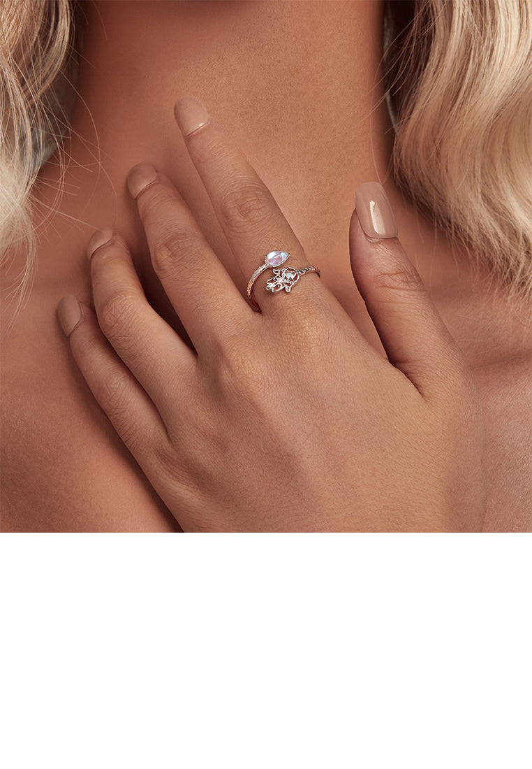 925 Sterling Silver Fashion Hand Of Fatima Moonstone Adjustable Open Ring with Cubic Zirconia - Luxurious Look