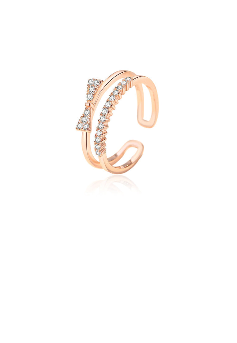 925 Sterling Silver Plated Rose Gold Simple Sweet Ribbon Double Layer Adjustable Open Ring with Cubic Zirconia - Luxurious Look