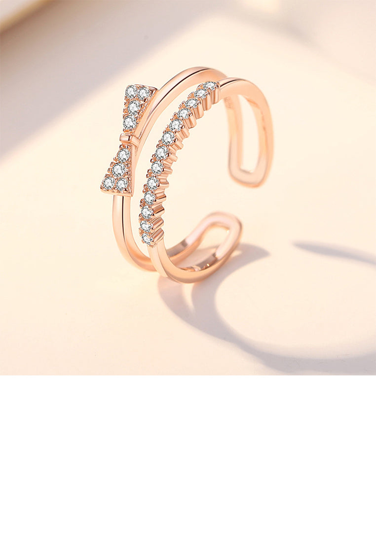 925 Sterling Silver Plated Rose Gold Simple Sweet Ribbon Double Layer Adjustable Open Ring with Cubic Zirconia - Luxurious Look