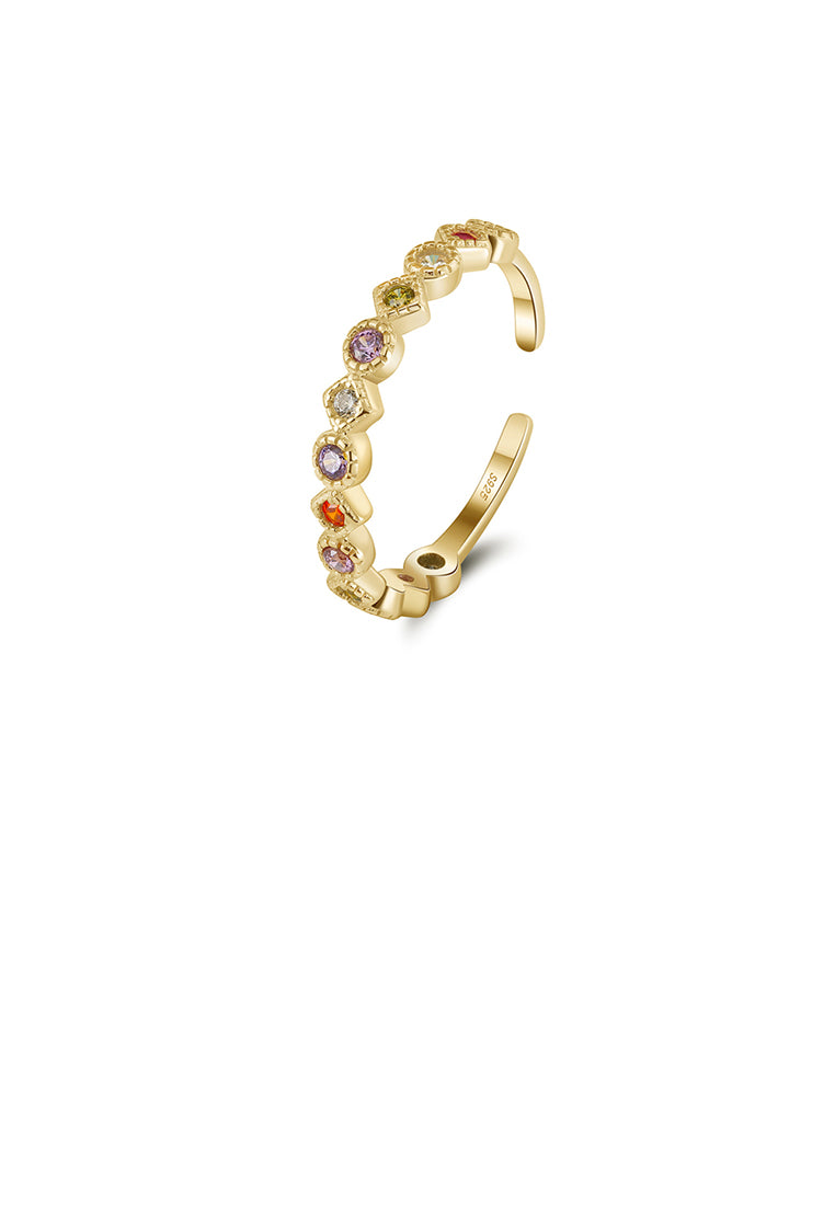 925 Sterling Silver Plated Gold Fashion Personality Single Row Geometric Adjustable Open Ring with Colored Cubic Zirconia - Luxurious Look