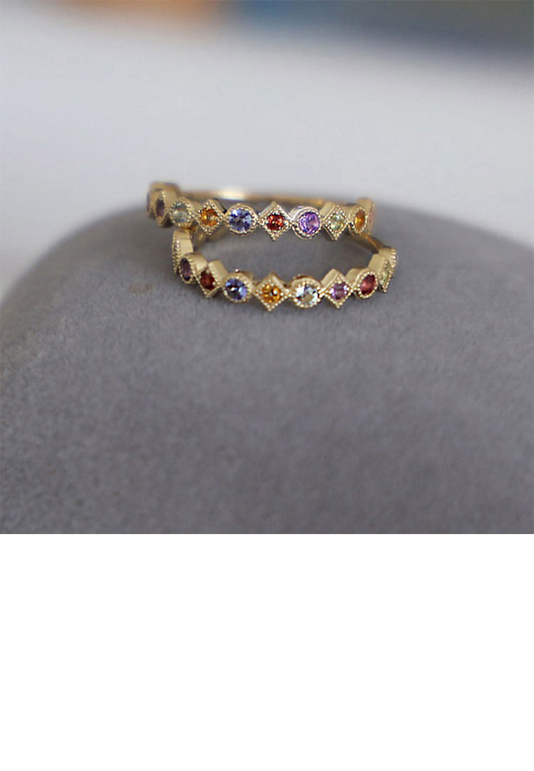 925 Sterling Silver Plated Gold Fashion Personality Single Row Geometric Adjustable Open Ring with Colored Cubic Zirconia - Luxurious Look