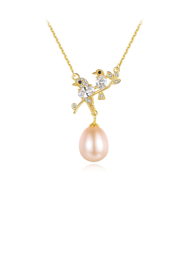 925 Sterling Silver Plated Gold Fashion Temperament Bird Pink Freshwater Pearl Necklace with Cubic Zirconia - Luxurious Look - Vibrant Color