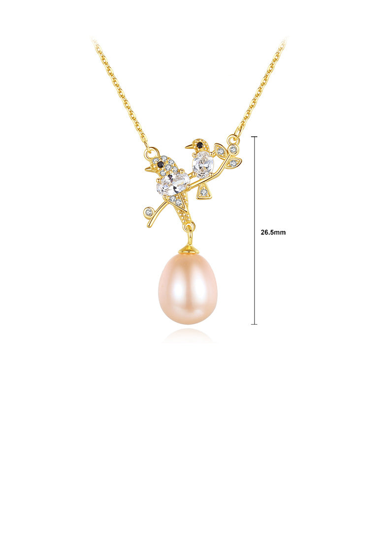 925 Sterling Silver Plated Gold Fashion Temperament Bird Pink Freshwater Pearl Necklace with Cubic Zirconia - Luxurious Look - Vibrant Color