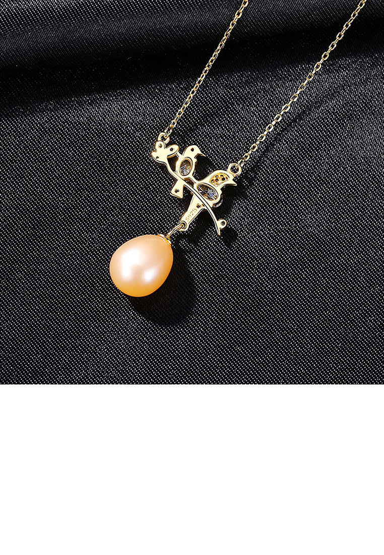 925 Sterling Silver Plated Gold Fashion Temperament Bird Pink Freshwater Pearl Necklace with Cubic Zirconia - Luxurious Look - Vibrant Color
