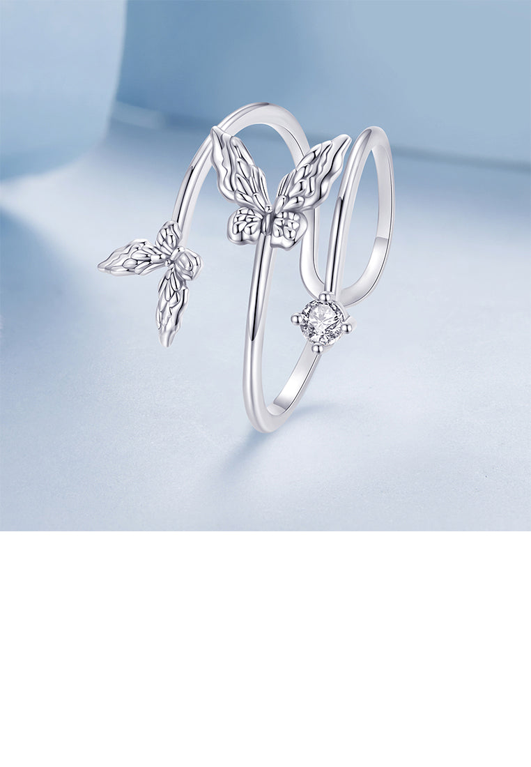 925 Sterling Silver Fashion Temperament Butterfly Double Layer Adjustable Open Ring with Cubic Zirconia - Luxurious Look