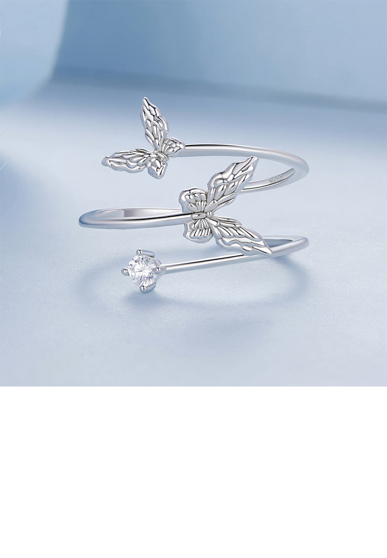 925 Sterling Silver Fashion Temperament Butterfly Double Layer Adjustable Open Ring with Cubic Zirconia - Luxurious Look