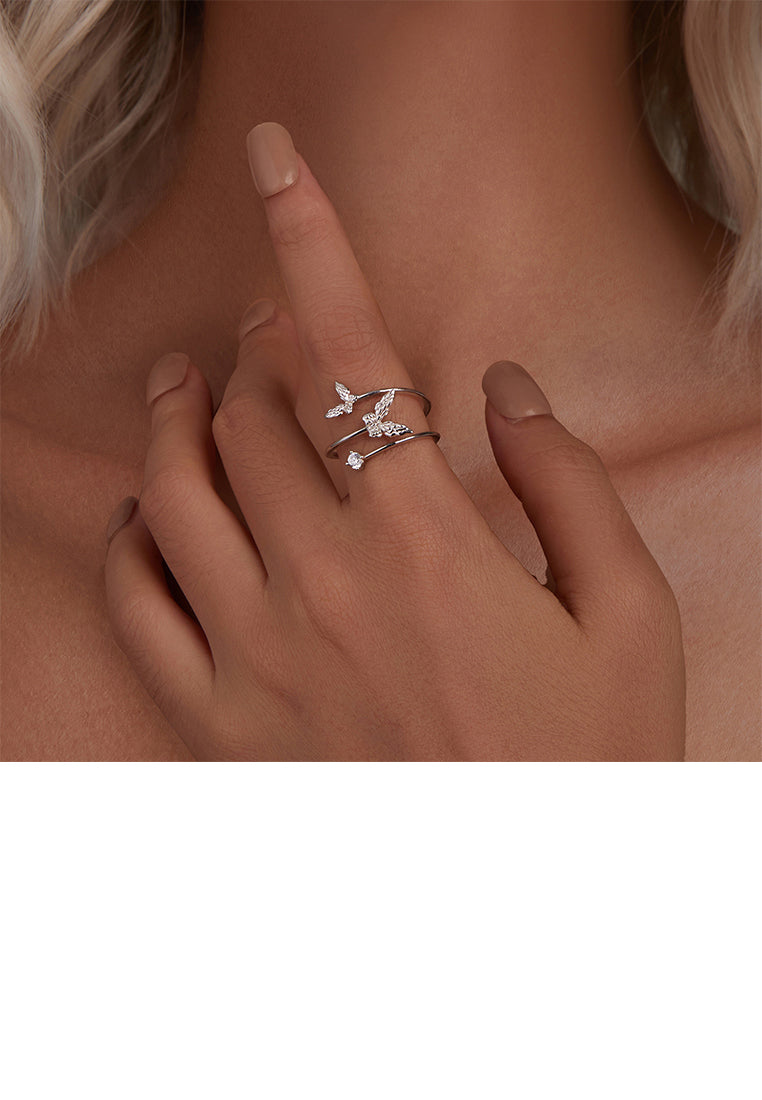 925 Sterling Silver Fashion Temperament Butterfly Double Layer Adjustable Open Ring with Cubic Zirconia - Luxurious Look