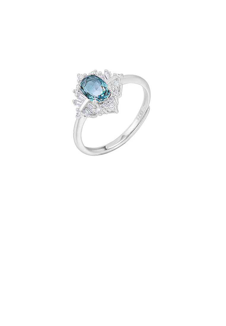 925 Sterling Silver Elegant Fashion Pattern Geometric Rhombus Adjustable Ring with Blue Cubic Zirconia - Luxurious Look