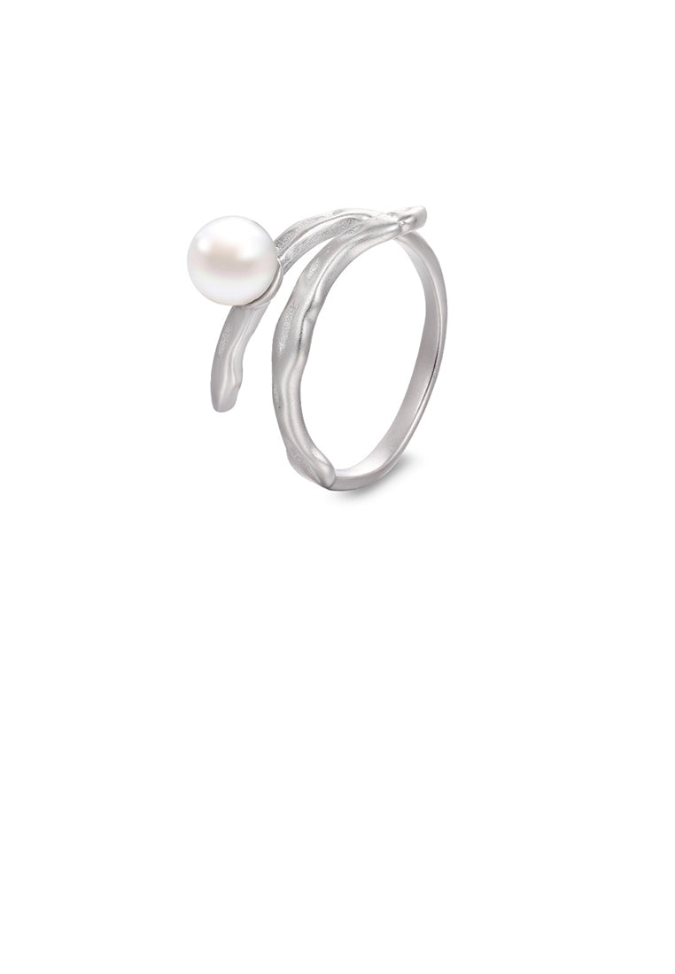 925 Sterling Silver Simple Temperament Irregular Adjustable Open Ring with Imitation Pearls