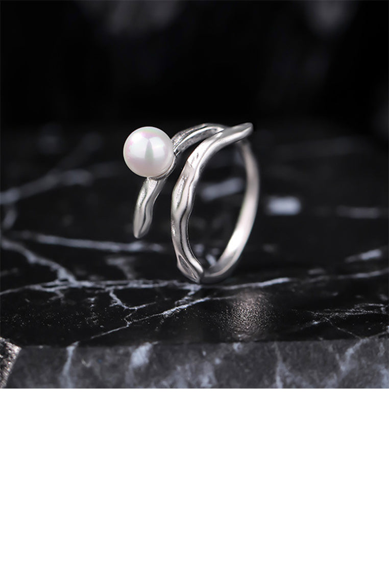 925 Sterling Silver Simple Temperament Irregular Adjustable Open Ring with Imitation Pearls