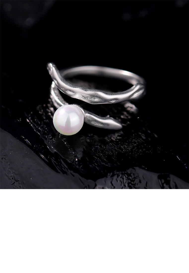 925 Sterling Silver Simple Temperament Irregular Adjustable Open Ring with Imitation Pearls