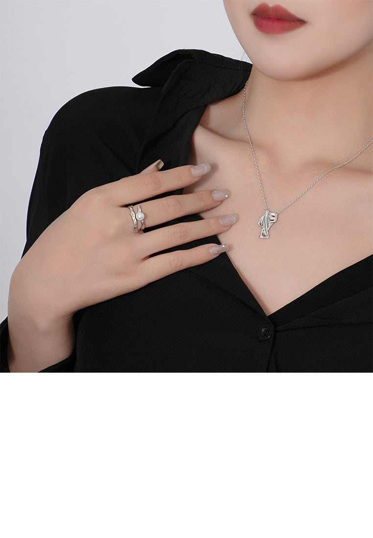 925 Sterling Silver Simple Temperament Irregular Adjustable Open Ring with Imitation Pearls