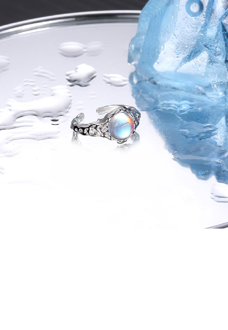 925 Sterling Silver Fashion Simple Irregular Convex Geometric Colorful Imitation Moonstone Adjustable Open Ring