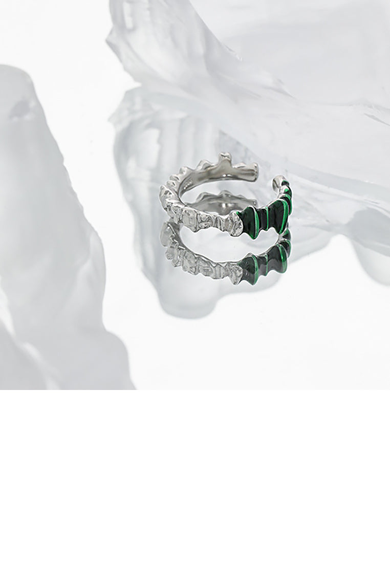 925 Sterling Silver Simple Temperament Irregular Texture Enamel Green Texture Geometric Adjustable Opening Ring