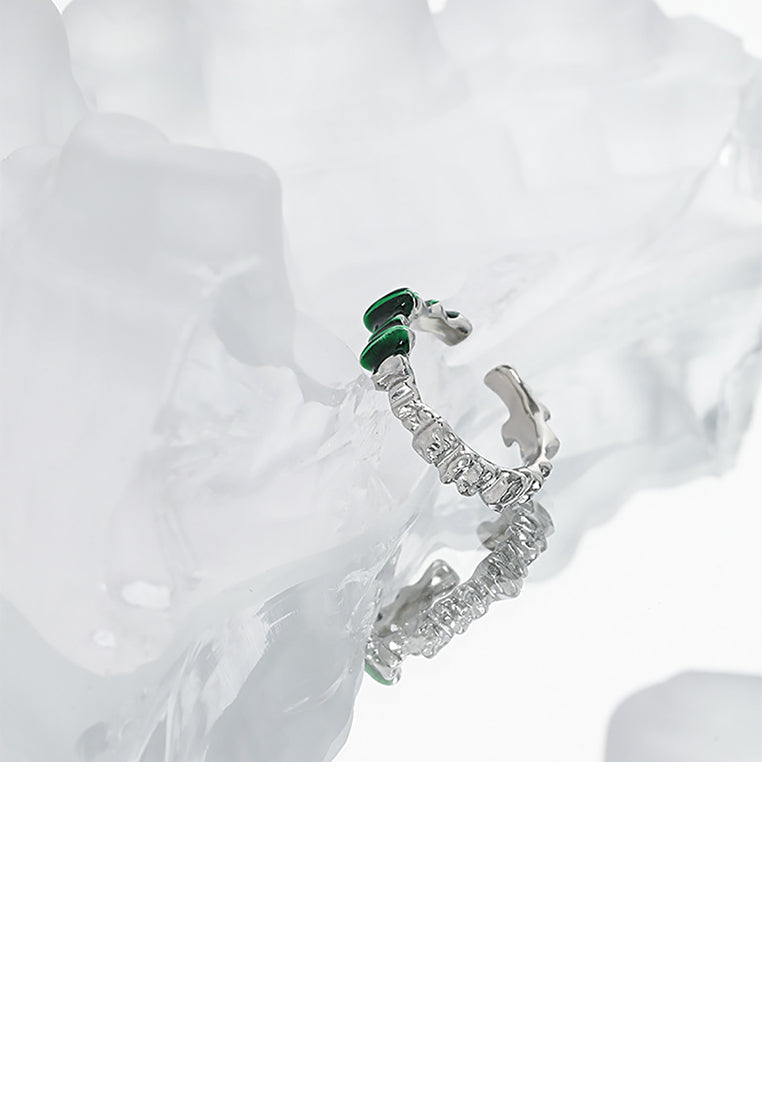 925 Sterling Silver Simple Temperament Irregular Texture Enamel Green Texture Geometric Adjustable Opening Ring