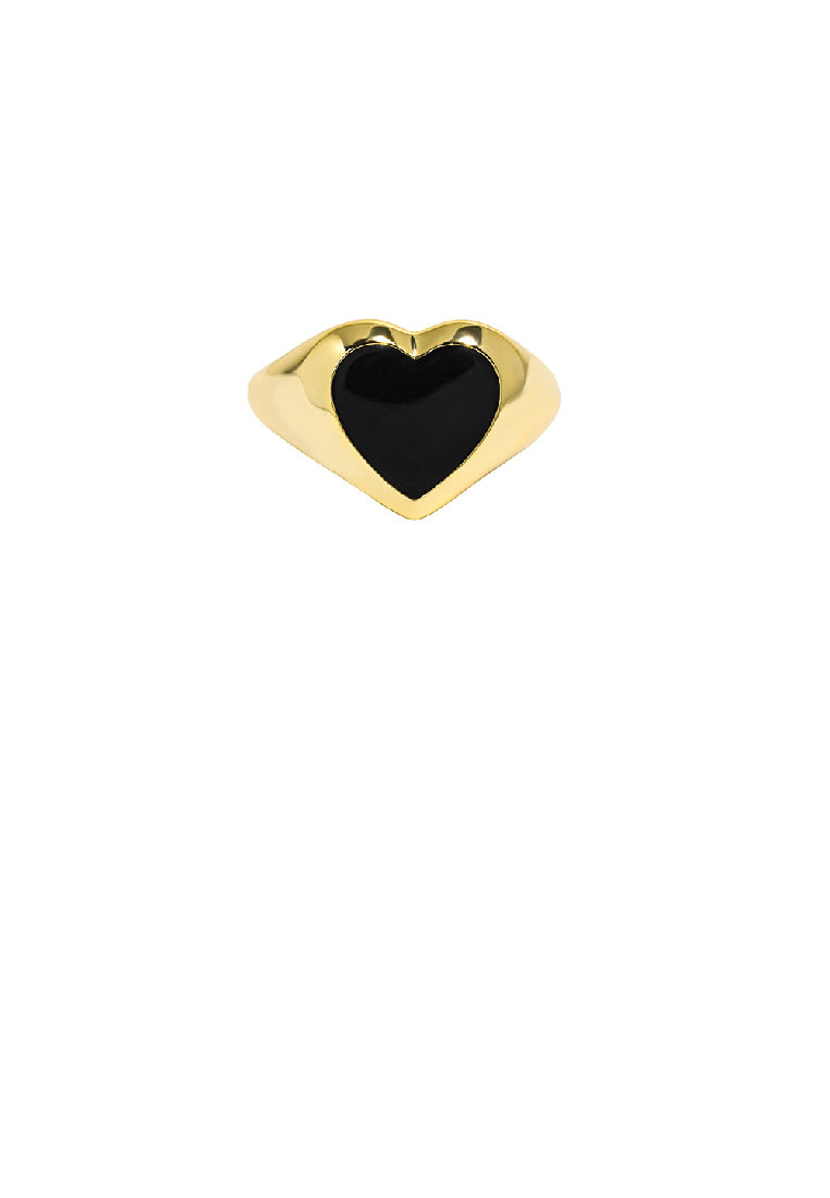 925 Sterling Silver Plated Gold Simple Romantic Enamel Black Heart Shape Geometric Adjustable Open Ring