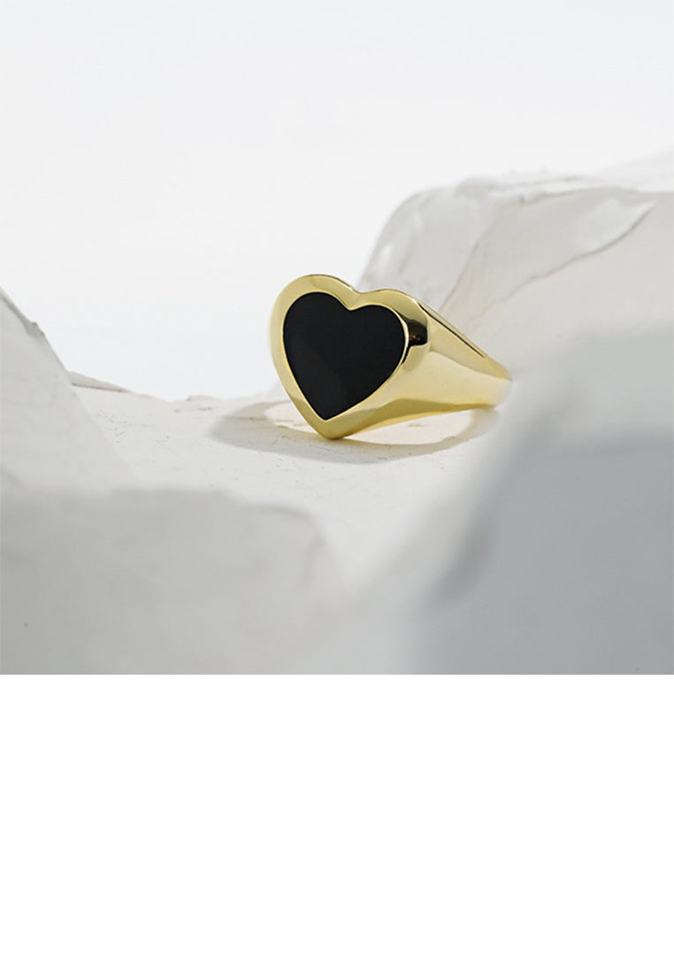 925 Sterling Silver Plated Gold Simple Romantic Enamel Black Heart Shape Geometric Adjustable Open Ring