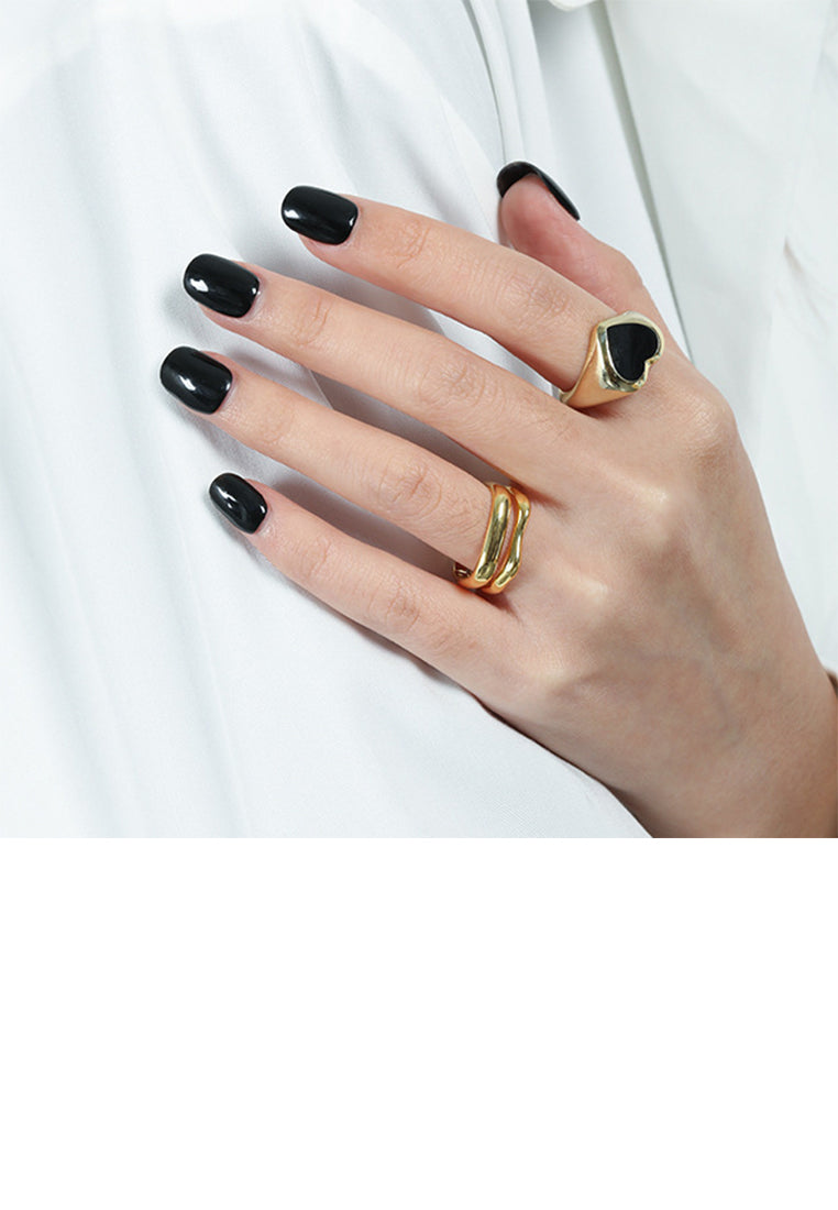 925 Sterling Silver Plated Gold Simple Romantic Enamel Black Heart Shape Geometric Adjustable Open Ring