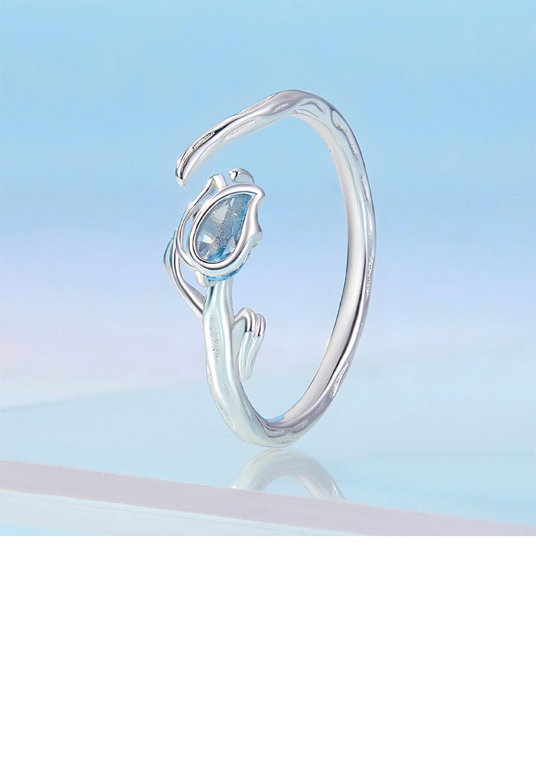 925 Sterling Silver Simple Fashion Tulip Adjustable Open Ring with Blue Cubic Zirconia - Luxurious Look