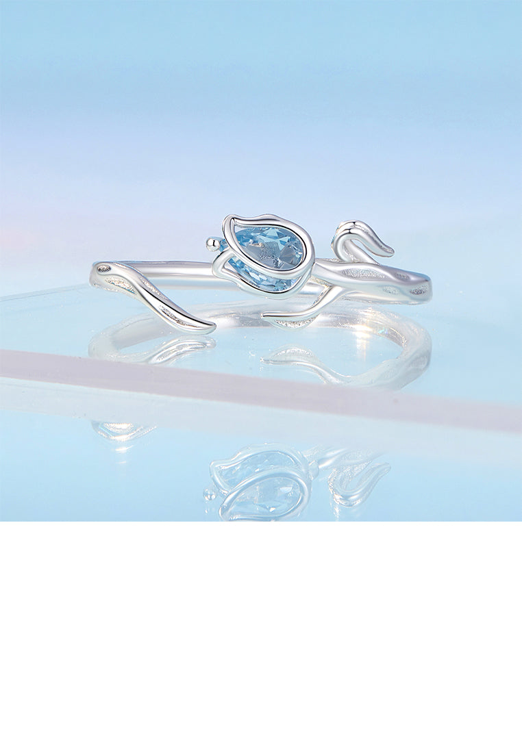 925 Sterling Silver Simple Fashion Tulip Adjustable Open Ring with Blue Cubic Zirconia - Luxurious Look