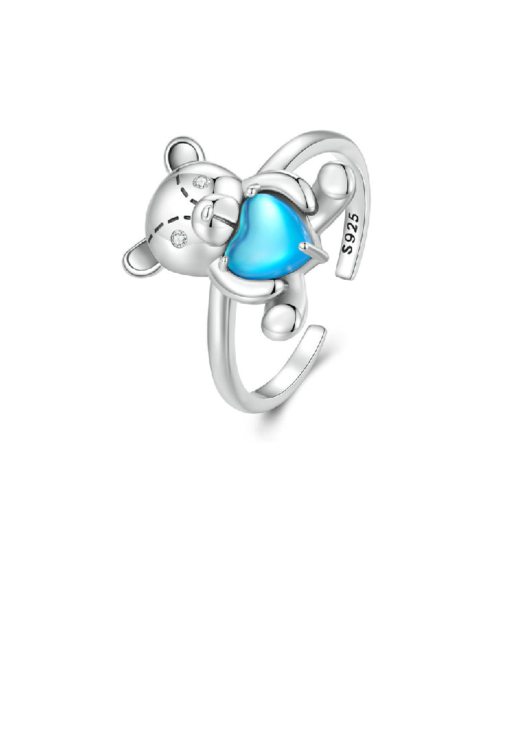925 Sterling Silver Cute Playful Blue Heart Bear Adjustable Open Ring with Cubic Zirconia - Luxurious Look